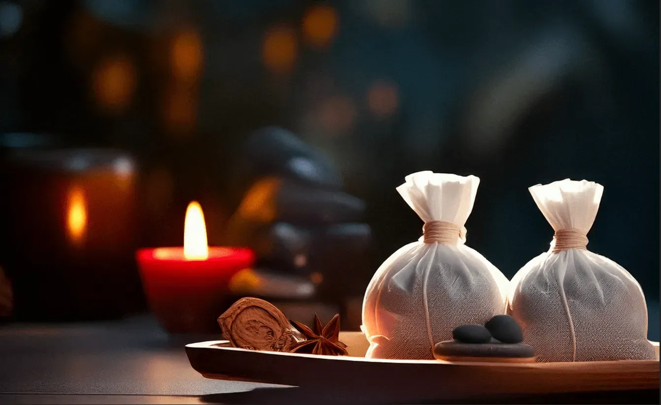 Massage aux pochons chauds d’herbes médicinales